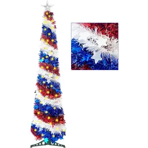 5Ft Pop up Artificial Collapsible Christmas Tree with 100 Lights, Star Sequins for 4th of July Independence Day Patriotic Indoor Outdoor Party Decorations