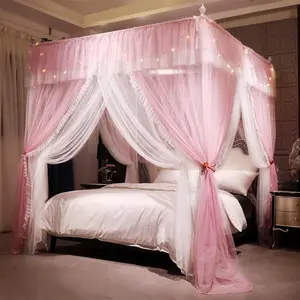 4 Corners Post Ruffle Princess Bed Canopy Curtain Double Layer Cozy Drape Netting 4 Opening Mosquito Net for Girls Adults Bedroom Decoration Pink/Whtie 53" W*78" L*82" H (Full)