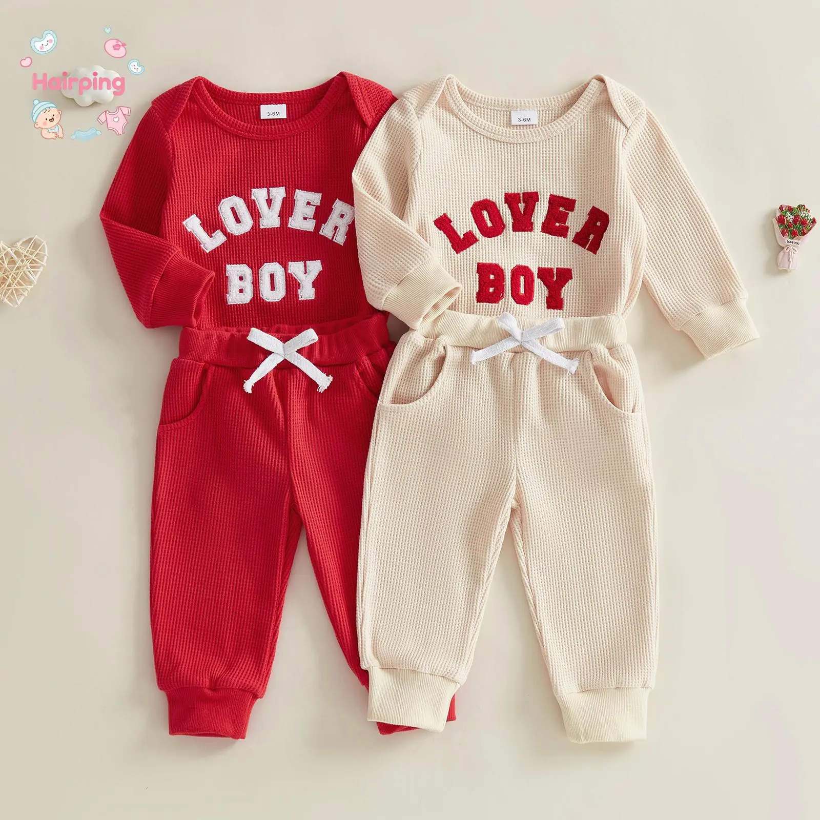 Baby Boy Valentine's Day 2-Piece Outfit Set - 45 cm Soft Cotton Long Sleeve 'Love You' Romper, Drawstring Pants, Holiday-Ready Look for 0-3 Months, 12-18 Months Infants
