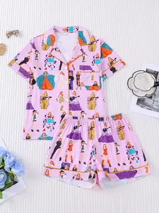 Women's Sleepwear Set, Loungewear, Pajama, Singer Printed Short Sleeve Shorts Top, Small Pocket Comfortable Soft Skin-Friendly Fitted Elastic Waistband