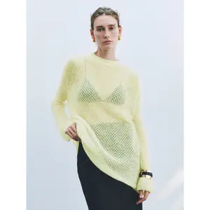 URBAN REVIVO 2026 Spring Lady's Minimalist Casual Crew Neck Longsleeves Knitting Sweater - Medium-Length Sheer Wool Fabric Women's Top, ULU950001