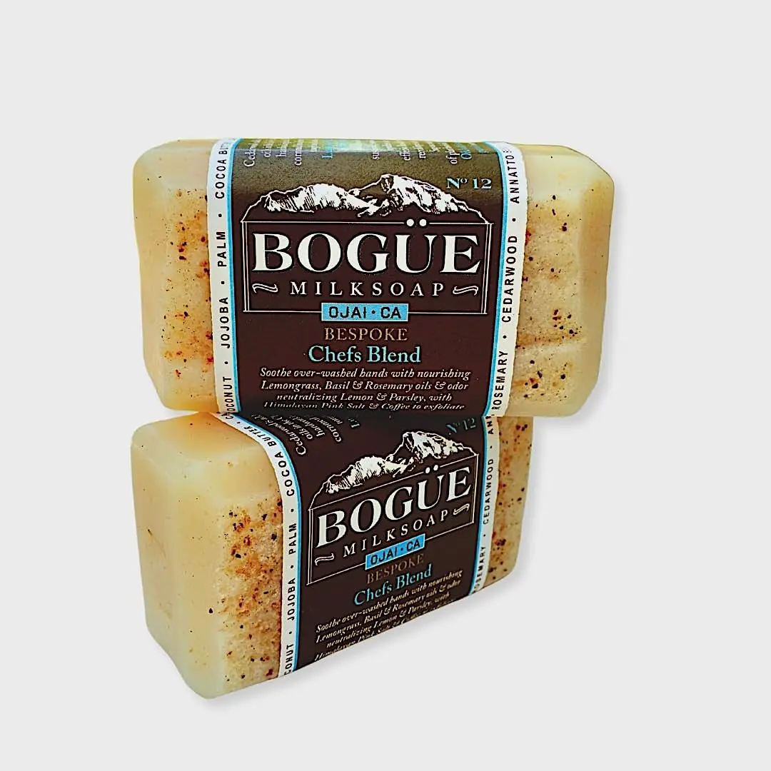 Handmade Goat Milk Soap Set of two bars BOGUE Bespoke No.12 Chefs Blend - Lemongrass, Basil, Rosemary Essential Oils & Himalayan Pink Salt Coffee for Exfoliating Nourishing Hands 5oz each