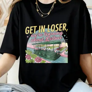 TikTok Made Me Buy It! GET IN LOSER we're learning about Lettuce Funny Graphic Tee Mean Girls Parody with Trolley & Veggie Design Soft Black or White Humor Top Womenswear Summer Maternity Casual Crewneck Tshirt Streetwear Summer Womenswear