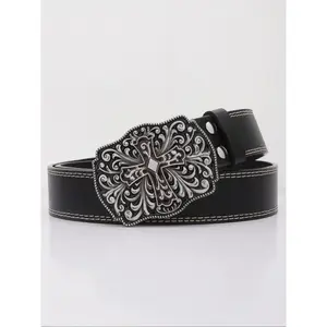 Vintage Cross Design Western Buckle Belt, Fashion PU Leather Belt for Women & Men, Casual Retro Accessories for Jeans Trousers for Daily Life