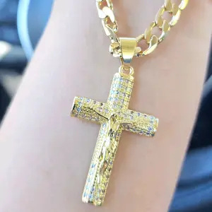 "14k Gold-Plated Cuban Chain with Jesus Christ Crucifix, 24 inches Long and 6mm Wide" necklace