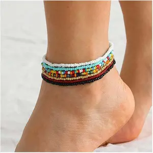 Boho Handmade Beaded African Anklets 7pcs - Stretchy Rainbow Seed Beads Ankle Bracelets for Women, Adjustable Glass Bead Jewelry, Summer Beach Festival Foot Chain, Trendy Boho Chic Gift for Girls anklet