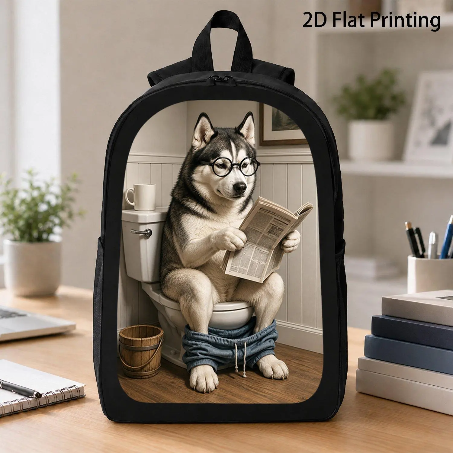 [17 Inch Backpack] 1pc Husky Dog With Round Glasses Reading Newspaper On Toilet Funny Pet Print Backpack Viral Lightweight Backpack For Back To School Outdoor