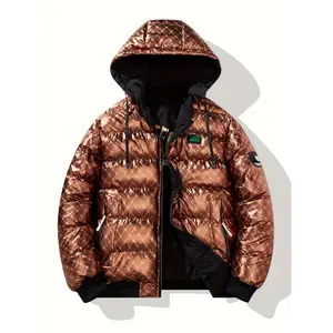 [100% Polyester Windproof Jacket] Men'S Reversible Shiny Hooded Jacket, Casual Style, Solid Color, Non-Stretch Polyester 100%, Woven, Regular Fit with Pockets, Windproof Warm Thickened Outerwear, 108g/m² Weight