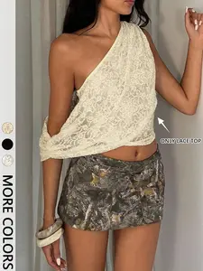Women's One-Shoulder Lace Tank Top, Short Sleeve Asymmetrical Neckline, Floral Pattern, Casual Fitted Style, Plain Design