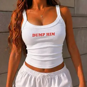 Dump Him Funny Breakup Quote BELLA CANVAS Women's Micro Rib Strap Tank, White Fitted Ribbed Cami, Bold Y2K Girls Night Summer Top