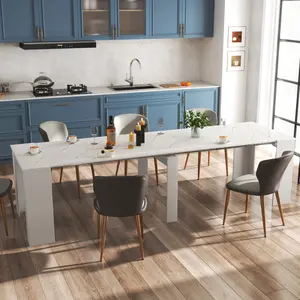 Extendable Dining Room Table, 20"/118.5" Large Dining Table for 6 8 10 12, White Marble Grain Kitchen Table with Wood Legs, Farmhouse Extendable Console Transformer Dining Table for Entryway