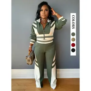 Women's Colorblock Print Zip Up Crop Jacket & Pants Two-piece Set, Casual Matching Set, Casual Fashion Cozy Breathable Two Piece Outfits for Daily Outdoor Wear, Women Clothes for Fall & WinterRAIMENTRY