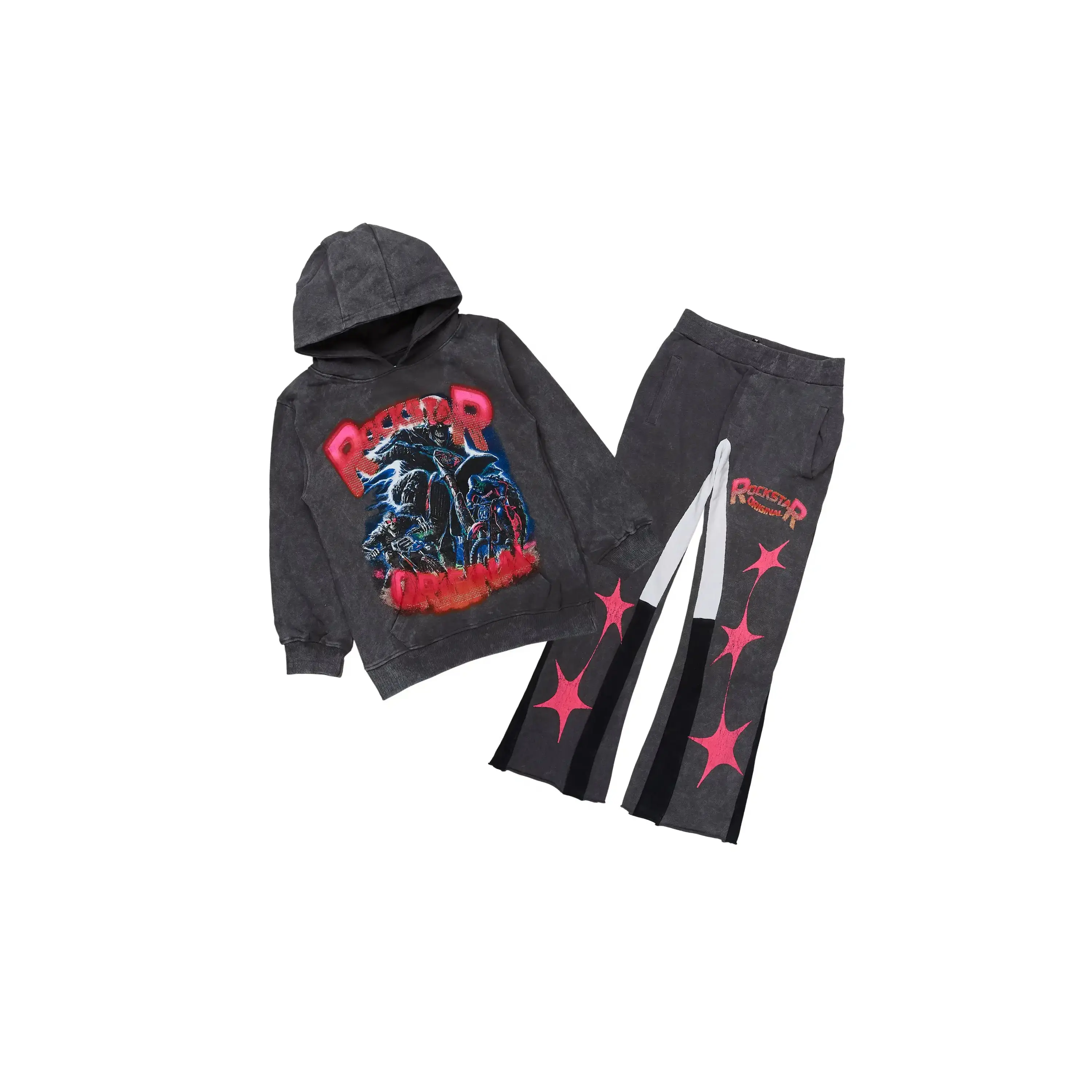 Boys Trenzo Vintage Grey Hoodie/Stacked Flare Track Set