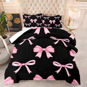 Coquette Pink Bow Bedding Set for Women,Including 1 Quilt and 1 or 2 Pillowcases Without Pillows,Cute Black & Pink Bow Quilt Set,Soft and Warm Romantic Girlish Bedroom Decoration, Decorative Bedding Set, Soft Bedding Sets
