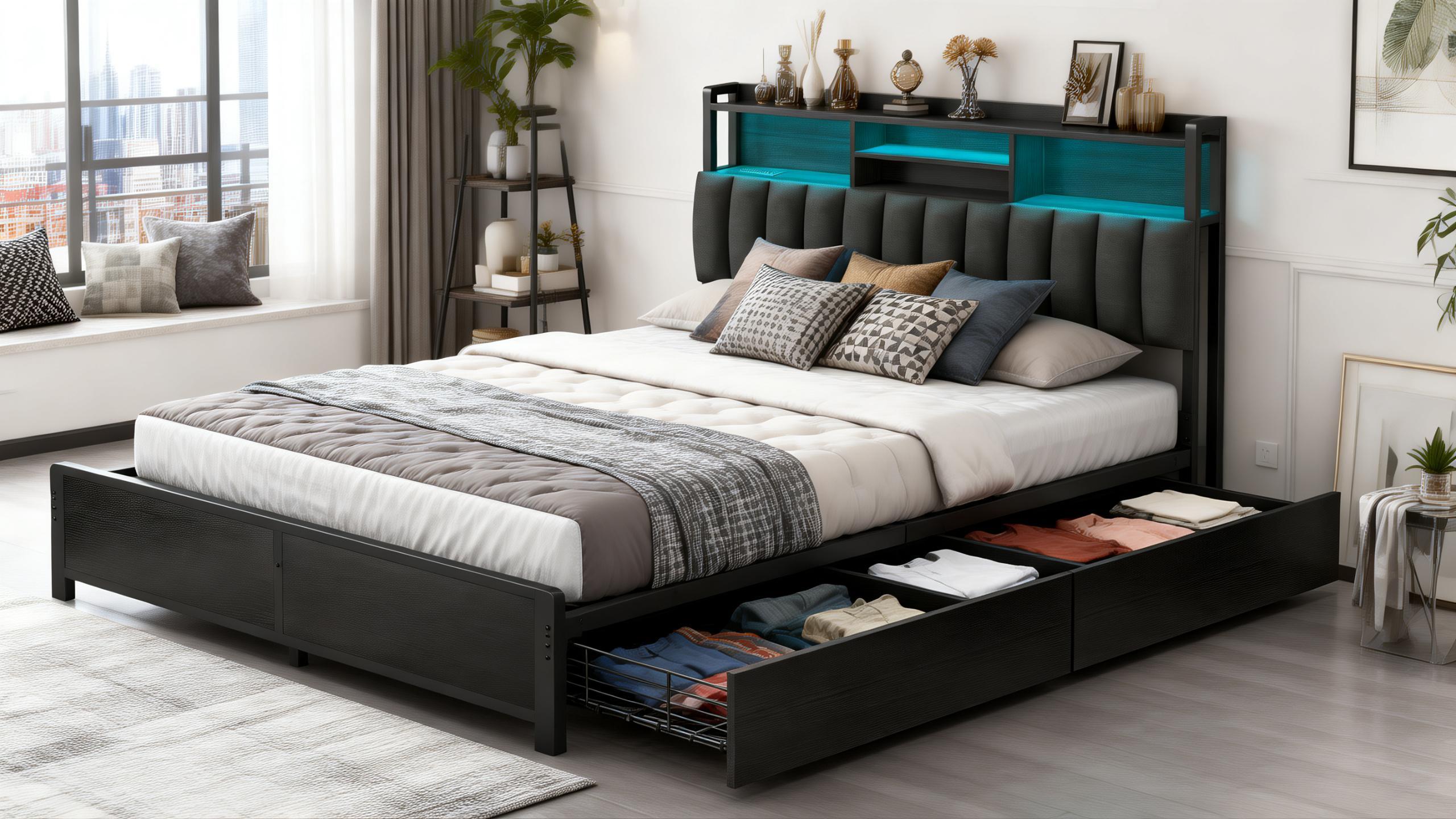 Queen Bed Frame with LED Lights & Charging Station, Metal Platform Bed Frame with 2 Tier Storage Headboard, Under Bed Storage, No Box Spring Needed, Outlet Mute Strips, Soft Backrest, Easy Assemble Queen Bed Frame with LED Lights & Charging Station, Metal Platform Bed Frame with 2 Tier Storage Headboard, Under Bed Storage, No Box Spring Needed, Outlet Mute Strips, Soft Backrest, Easy Assemble
