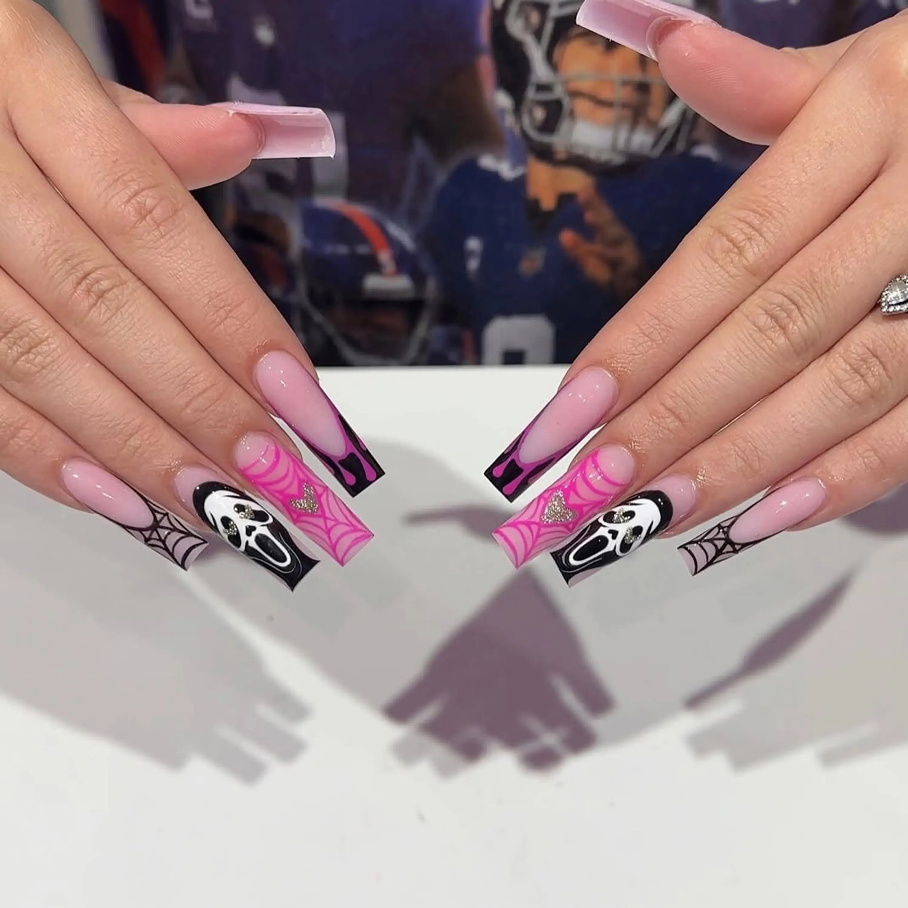 Ghost Face Press On Nails Long Coffin, Halloween French Tip Nails for Women, Spiderweb Heart Eyes Blood Drip Nail Art, Glitter Hearts Fake Nails, Reusable Cute Spooky Glue On Nails