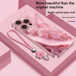 Luxury Rose Gemstone Butterfly Glass Phone Case with Lanyard for iPhone 17 16 15 14 13 12 11 Pro Max Mini Plus XR X XS 7 8 Waterproof Trendy Fashion Women Men Cute Beautiful High-end Business máquina sub lima ci ón