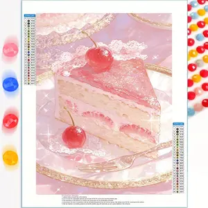 A 5D Round Diamond Full Drill Frameless Large-Sized Diamond Painting of a Strawberry Cherry Cake, Measuring 30X40 Cm / 11.8X15.7 Inches. It Is Suitable for Beginners And Craft Enthusiasts, Making It a Decorative Piece for Living Rooms, Bedrooms