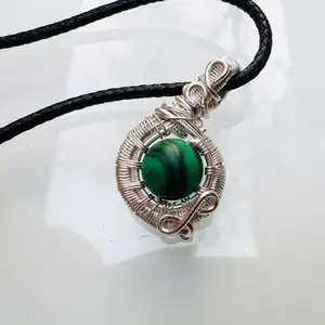 Elegant Silver Wire Wrapped Malachite Set with Green Gemstone Pendant - Includes Ring Bangle & Necklace for Adults