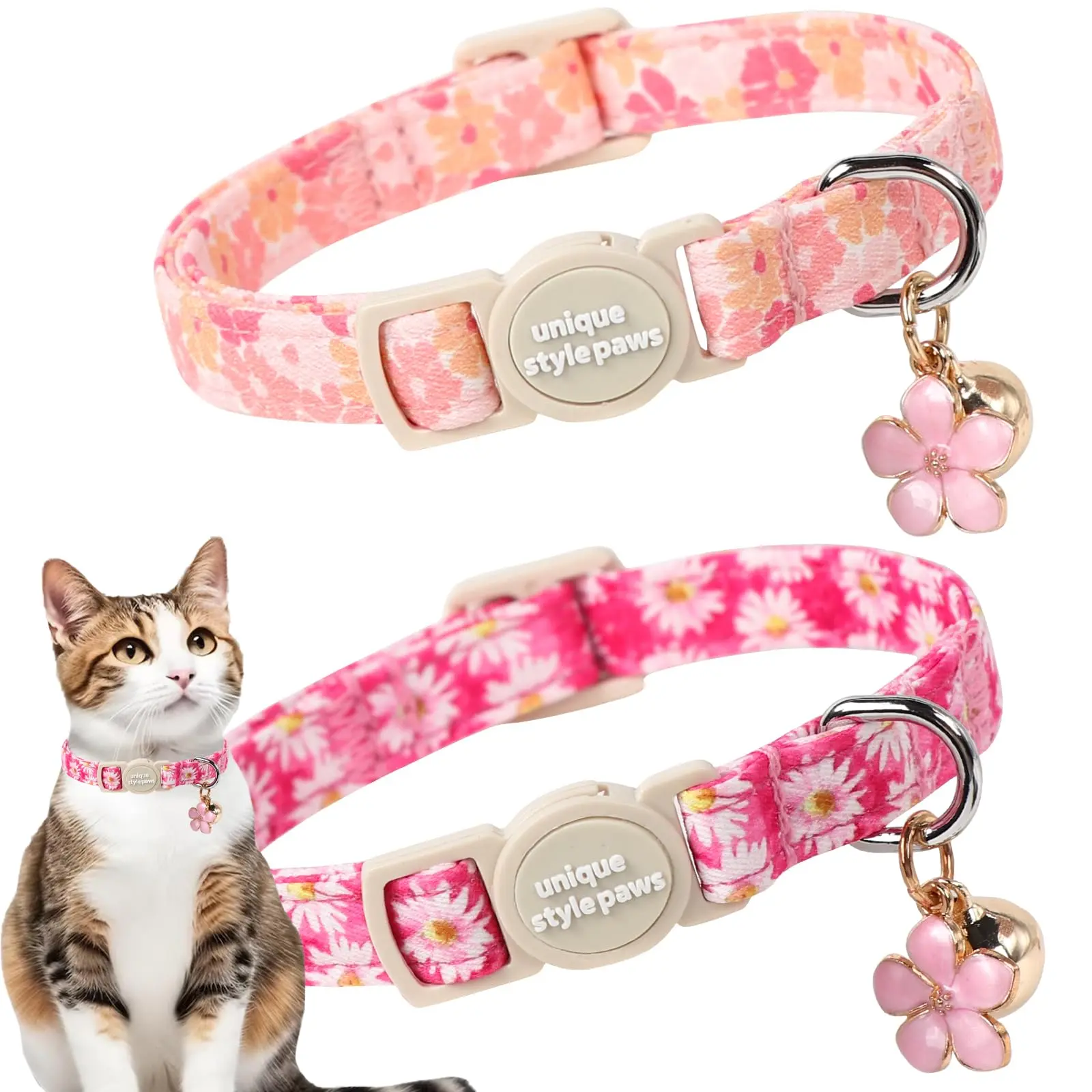 2-Pack Gentle on Fur Skin Adjustable Cat Collars - 2/5" Width, Casual Floral Print Cotton with Polka Dot Accents, Unique Paw Style, Removable Bell & Pendant, Fits Small Kitten Collars for Spring Summer