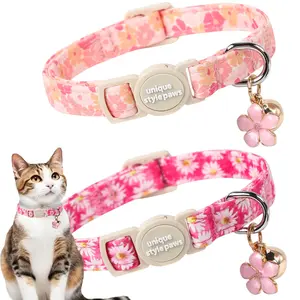 Unique style paws 2 Pack Adjustable Cat Collars with Bell & Pendant – Spring Summer Floral Cotton Kitten Collars