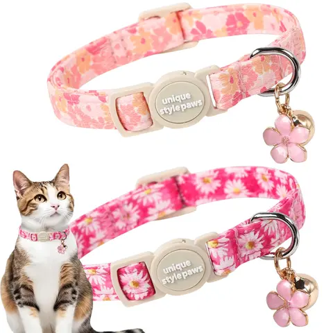 2-Pack Skin-Friendly Cat Collars for Kittens (7.87–12" Necks), 2/5" Width Casual Floral Cotton with Polka Dot Accents, Unique Paw Style, Removable Bell & Adorable Charm, Adjustable for Spring Summer