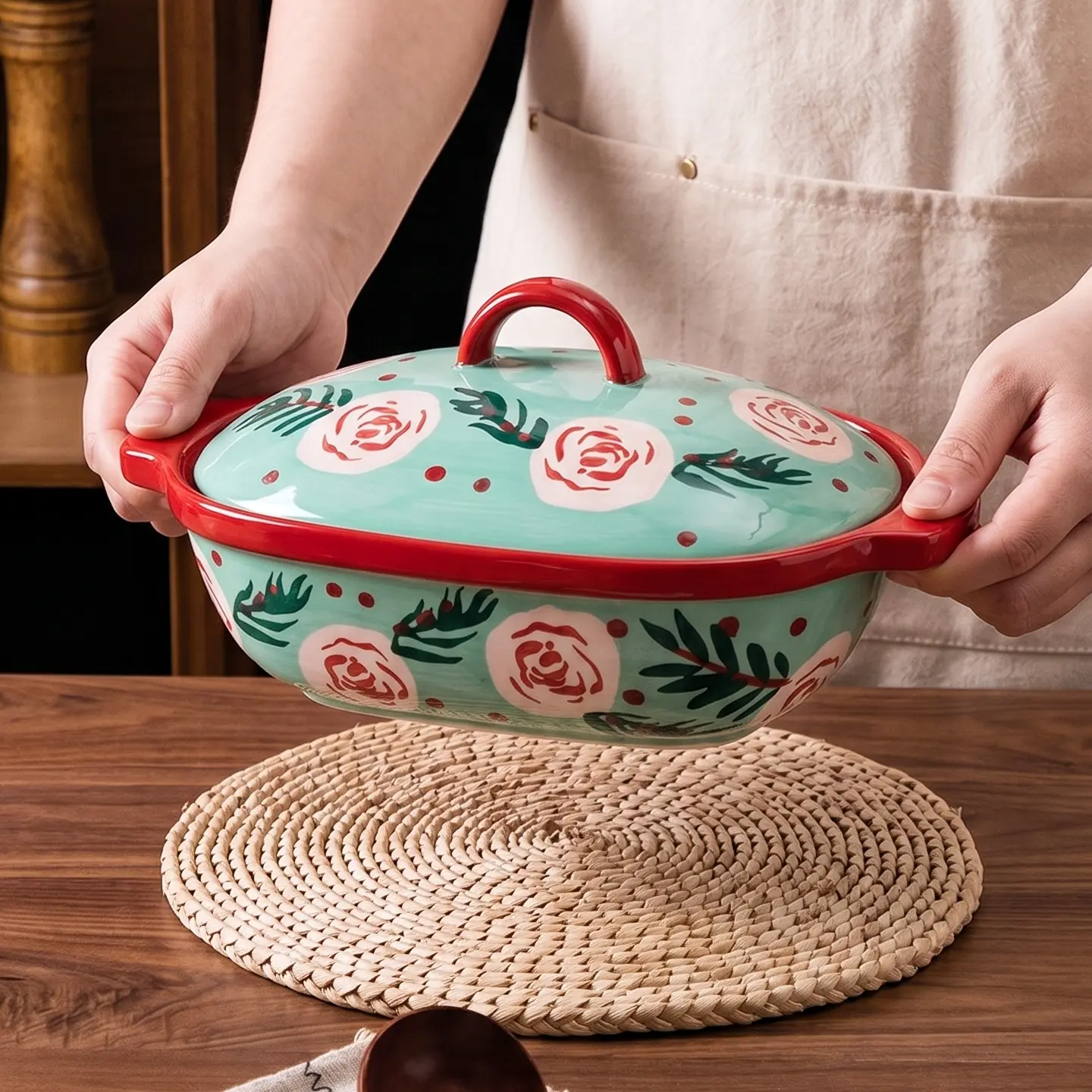 HongDian Blush Pink Rose Ceramic Baking Bowl - Covered Casserole Bakeware (480ml/16oz), Hand-Painted Floral Pattern, Premium Underglaze Non-Fading Ceramic, Oven/Microwave/Dishwasher Safe, Small Gratin Dessert Serving Kitchen Gift Decor
