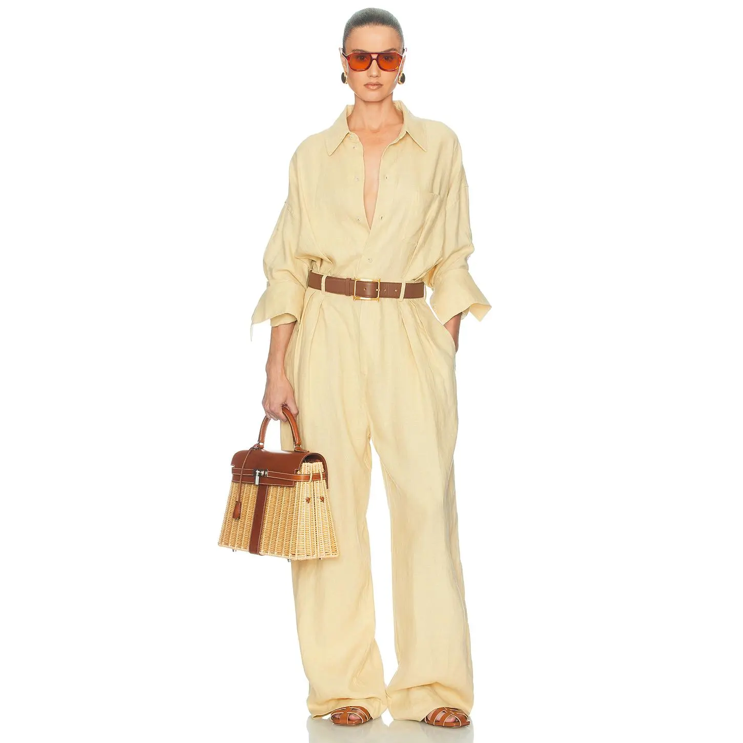 Helsa Paperbag Jumpsuit in Washed Linen in Basket Beige Helsa Paperbag Jumpsuit in Washed Linen in Basket Beige