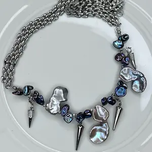 Handmade Freshwater Peacock Blue Twin Keshi Pearl Necklace  16.5”-18.5”
