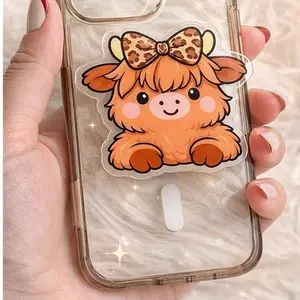 Cute Cow Acrylic Phone Grip Expandable Stand Holder Kawaii Highland Cow Leopard Bow Phone Accessory ColorTok Desk Aesthetic