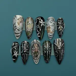 Medieval Gothic Mirror Press-On Nails – 3D Silver Baroque Frame & Rose Art, Hand-painted Cherubs and Dark Stained Glass Motif Set