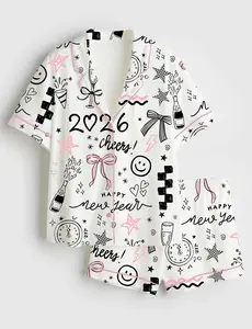 Women’s Happy New Year 2026 Celebration Print Short Sleeve Silk Satin Pajama Set Soft Sleepwear