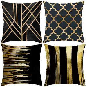 4pcs Black Gold Art Deco Luxury Geometric Pattern Pillow Covers Set: Retro Palace Diamond Grid & Stripe Decor Cushion Covers for Living Room Sofa, Washable Polyester Home Decor Accents, Multiple Sizes Available, No Insert, Decorative Accents