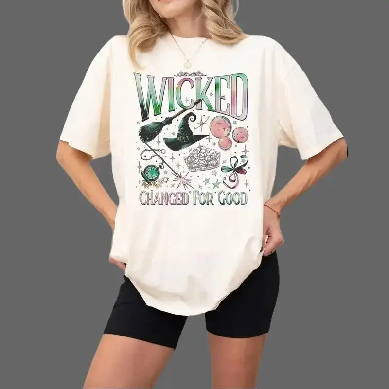 Musical Theater Witch Graphic Tee Vintage Oversized Cotton T-Shirt Pink Green Glinda Elphaba Inspired Retro Wash Tee Cute Broadway Fan Gift Cozy Top Casual Crewneck