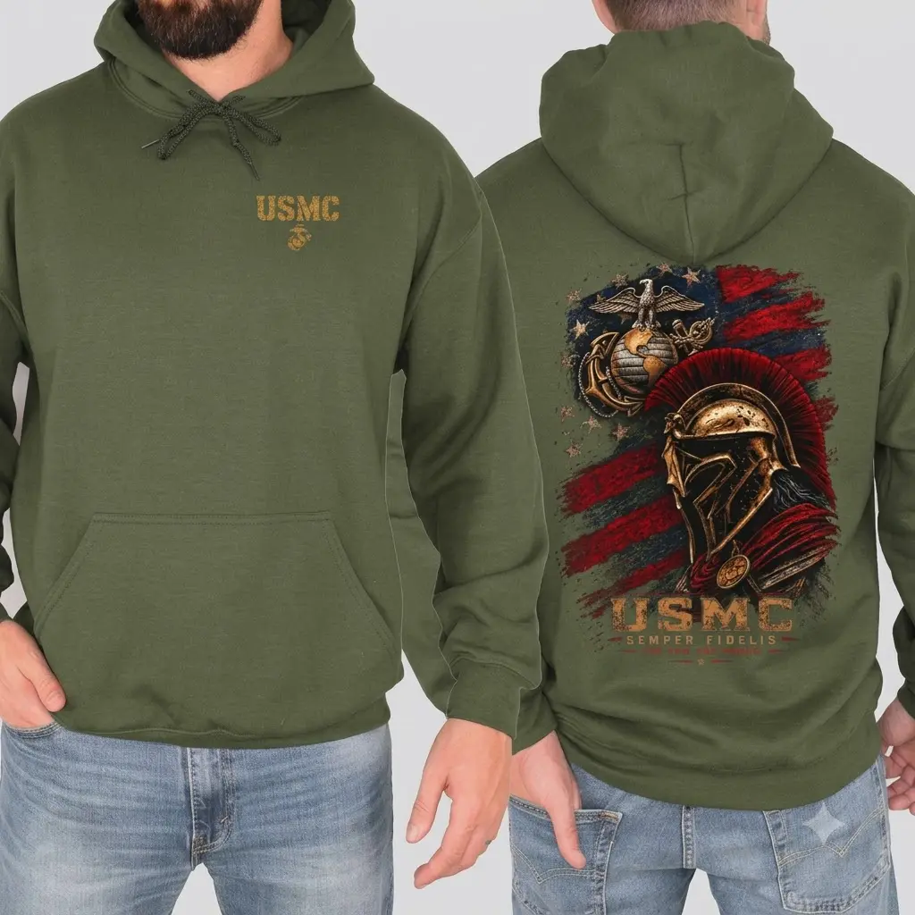 USMC Semper Fidelis Spartan Hoodie, American Flag Marine Corps Graphic Pullover, Front and Back Military Hoodie, Patriotic Veteran Gift for Men, USMC Apparel