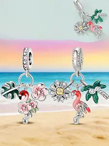 Tropical Flamingo Triple Dangle Charm, Palm Tree & Monstera Leaf Bead, Beach Vacation Jewelry for Pandora Bracelet