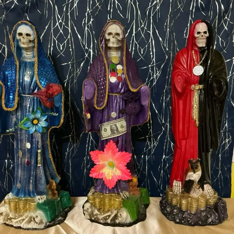 Santa Muerte Imagines Statues - Three Unique Figures with Decorative Elements and Base Scenes