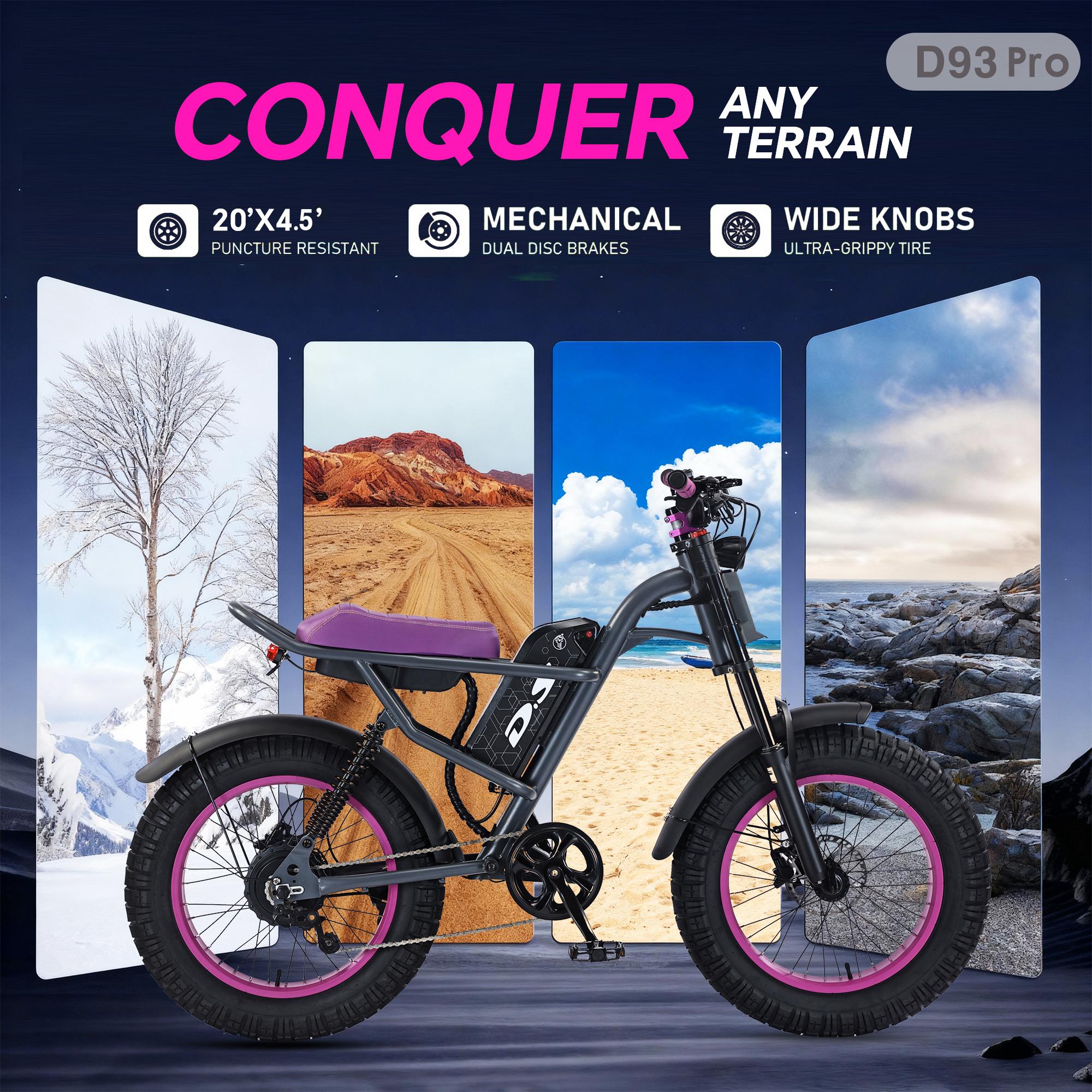 New electric bicycle for spring 2026 adopts a high carbon steel frame, hydraulic shock absorption, full suspension system, maximum speed of 40 MPH, 48 volt 1500W motor, riding assistance range of 40-70 miles, 20 * 4.5-inch all terrain tires, snow tires