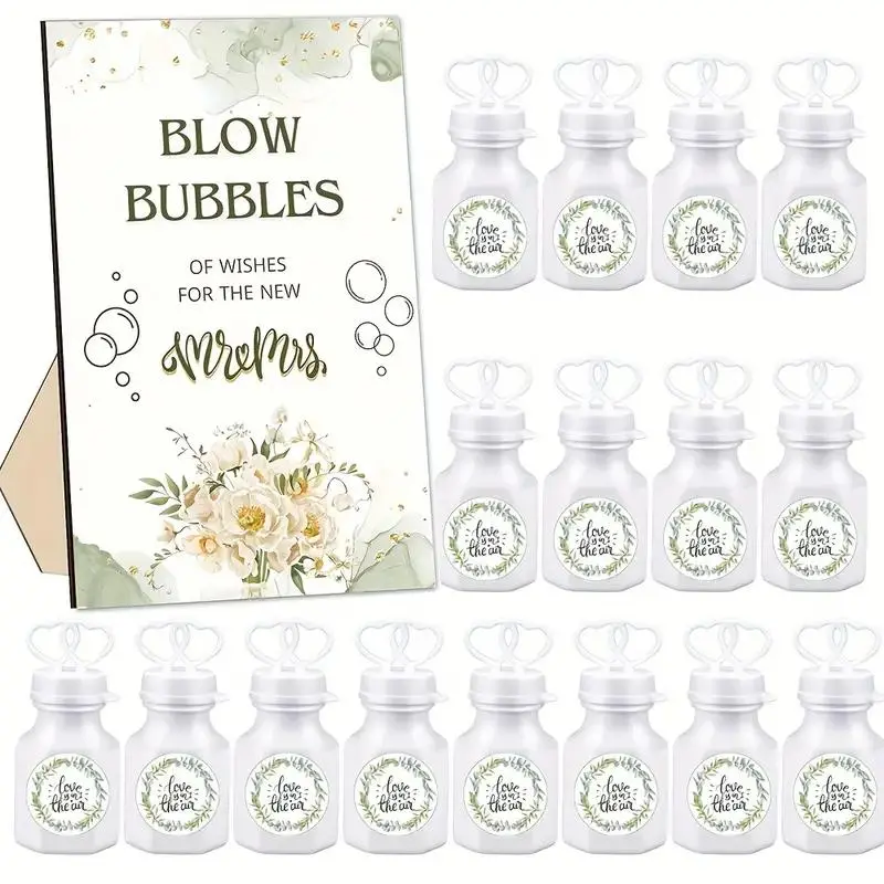 Rustic Blow Bubble Party Set – 50 Mini Bubble Bottles with Wooden Sign & Stickers – Baby Showers & Valentine’s Day Parties Gifts