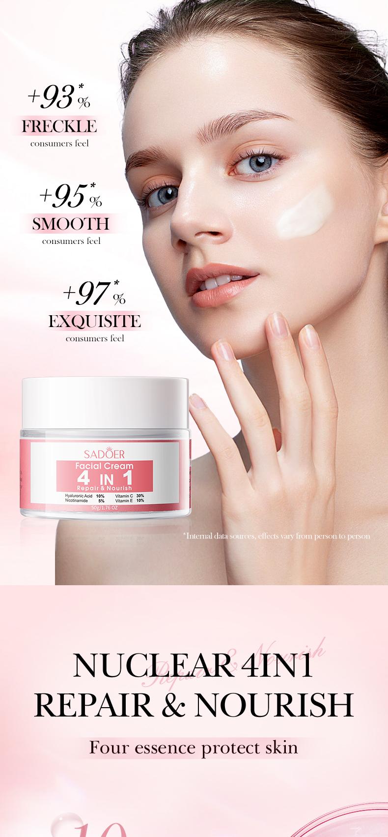 4-in-1 multifunctional face cream with a highlymoisturizing formula and a delicate texture,containing multiple skincare ingredients thatprovide hydration, firming, repair, andnourishment. Suitable for daily skincare use.