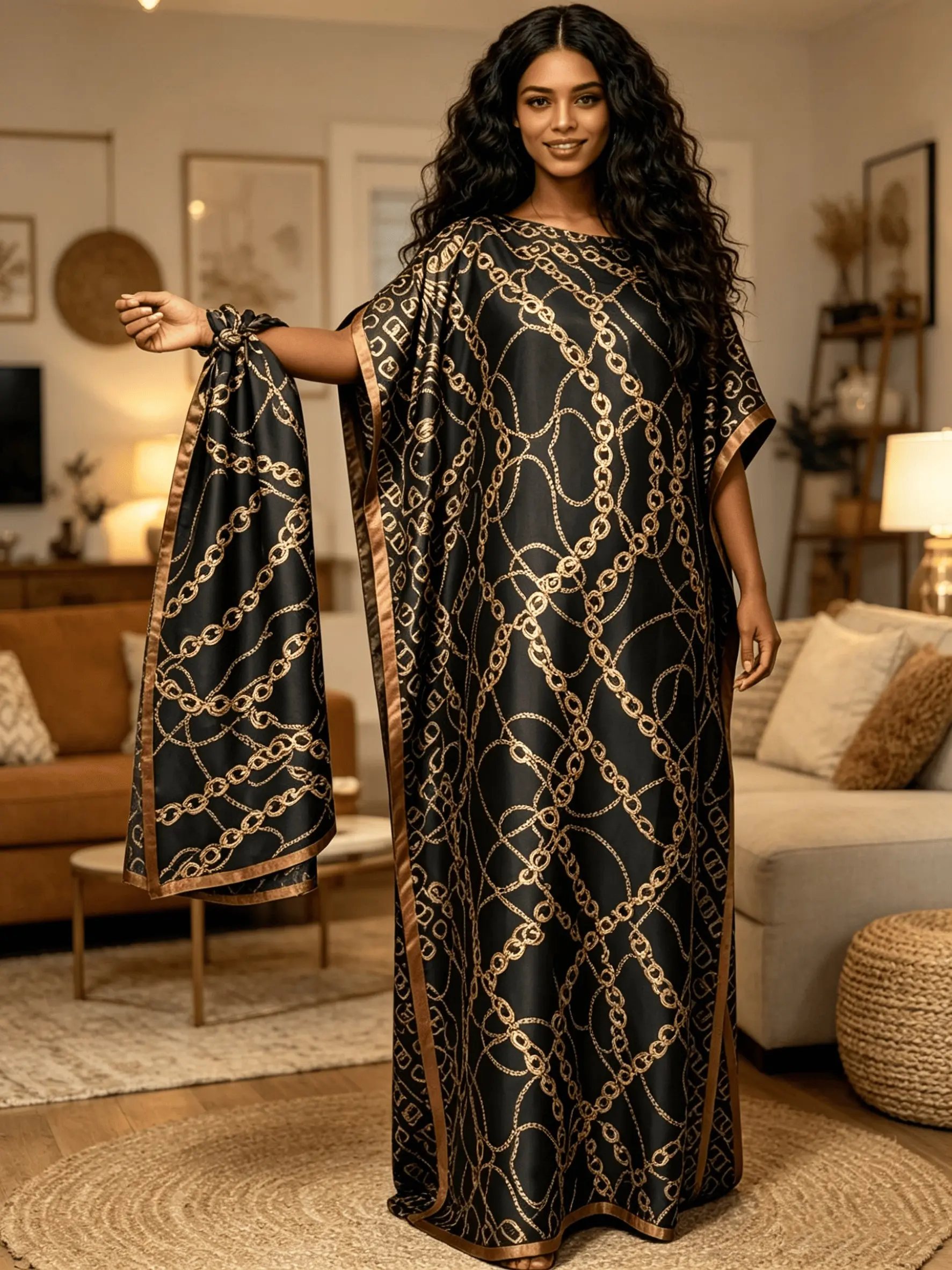 1 Robe+1 Scarf Black Bottom Gold Chain Printed Robe Dress Set Women Large Ship Collar Loose Flesh Covering Long Dress+1 Scarf Low key Light Luxury Bohemian Vacation Style Long Dress Casual