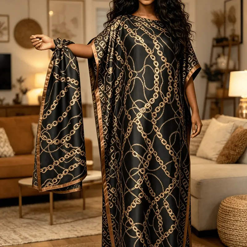 Elegant Gold Chain Print Robe Dress Set, Women, Long Boat Neck Design, Boho Style, Perfect for All Seasons, Includes Scarf