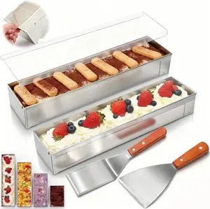 2 Pack Nonstick Rectangle Tiramisu Cake Pan with Acrylic Lid, 2 Metal Spatula, Removable Frame 304 Stainless Steel Baking Molds for Tiramisu Cheesecake Mousse