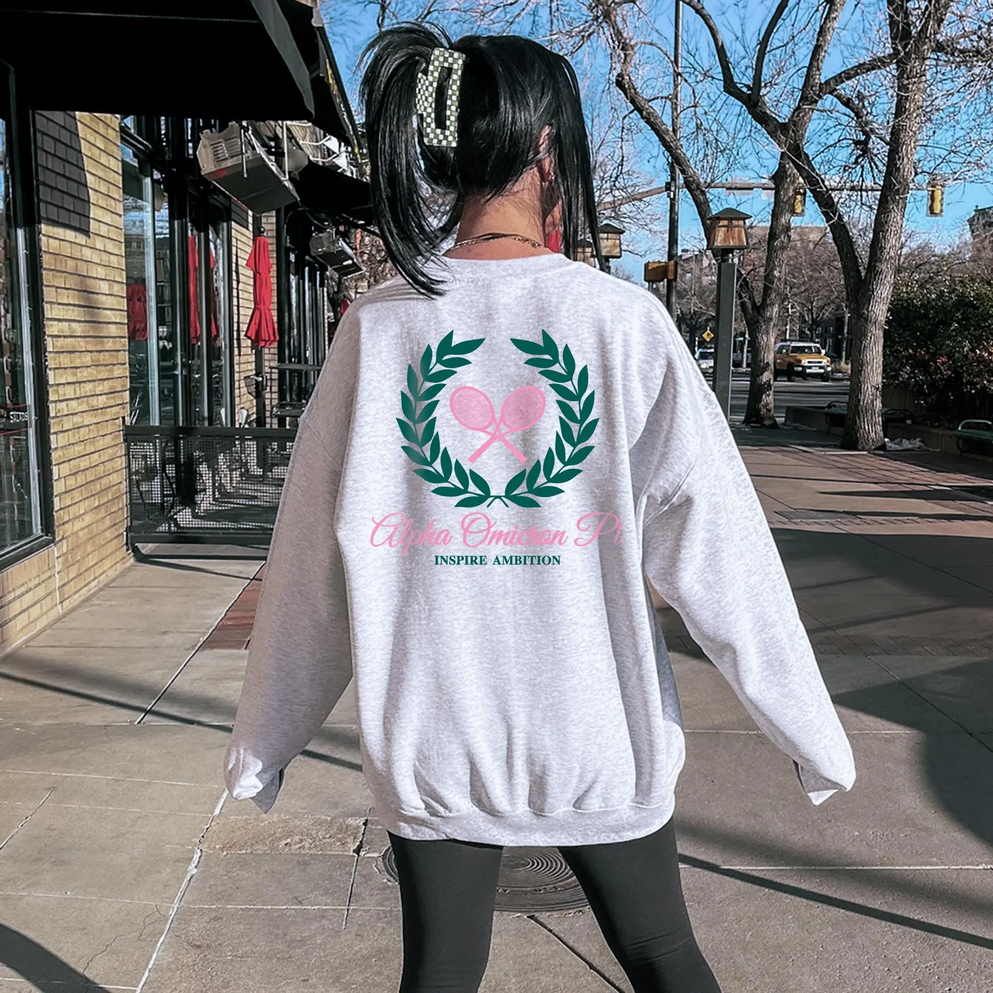 Alpha Omicron Pi Tennis Club - Embroidered & Printed Preppy Sorority Sweater - Ash