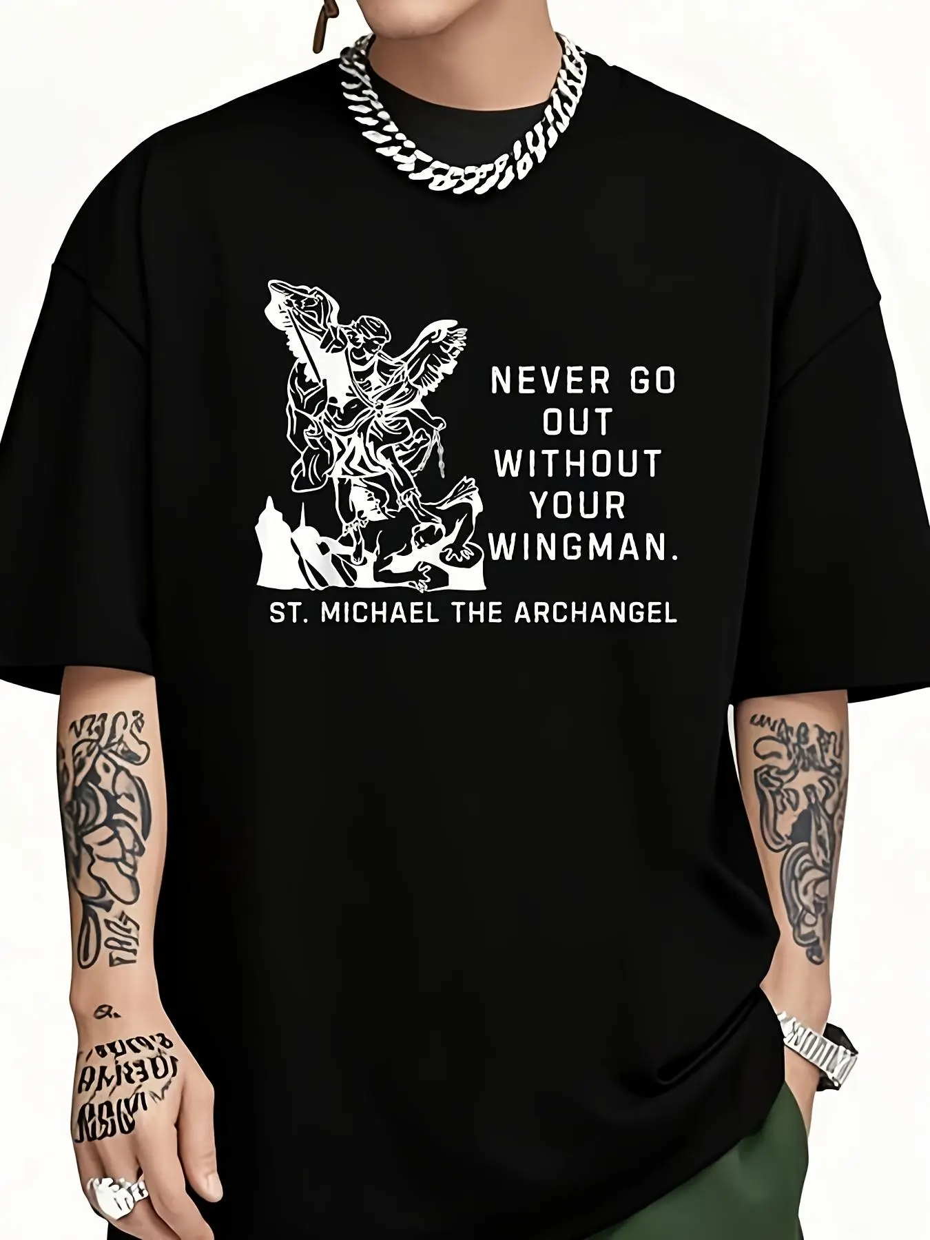 Men'S St  Michael Archangel Graphic T-Shirt - Never Go Out Without Your Wingman Design - Quick-Dry Moisture-Wicking Retro Streetwear Tee - with Print - All-Season Casual Shirt for Gym, Parties, O