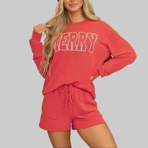 Women's MERRY Graphic Long Sleeve Top and Shorts Set Racing Red Corded Loungewear Homewear for Christmas Pajama Nightwear