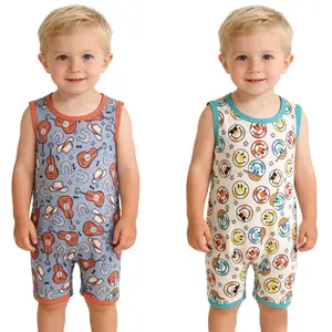 Adorable Little Cowboys Summer Romper Western Country Life Guitar Cowboy hat Print Sleeveless Comfy Bodysuit