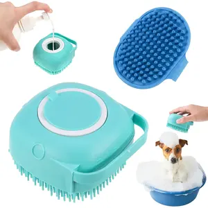 2 Pack Dog Bath Brush, Soft Silicone Shampoo Dispenser Brush Scrubber Pet Massage Shower Grooming Washing Soap Brush with Adjustable Handle for Long Short Haired Dogs Cats Shower (Green+Blue)