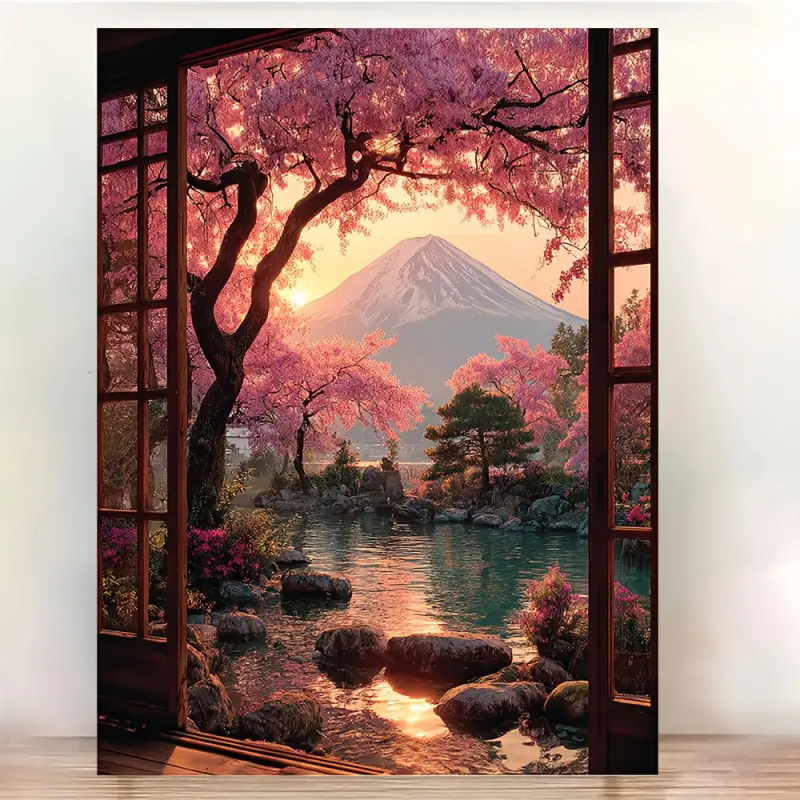 1 Piece Framed Canvas, Wooden Wall Art, Aesthetic Wall Decor - Japanese Landscape Painting of Mount Fuji with Cherry Blossoms and Window View - Modern Home Decor - 30.48x 40.64cm Suitable for Living Room - Japanese Garden Decoration