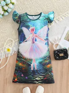 Cute Princess Dress for Little Girls, Cartoon Print Design, Pleated Sleeves, Lightweight Fabric, Perfect for Parties and Activities